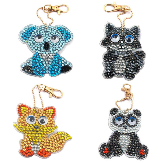 4pcs/set DIY Full Drill Diamond Painting Cartoon Animal Key Chain Jewelry