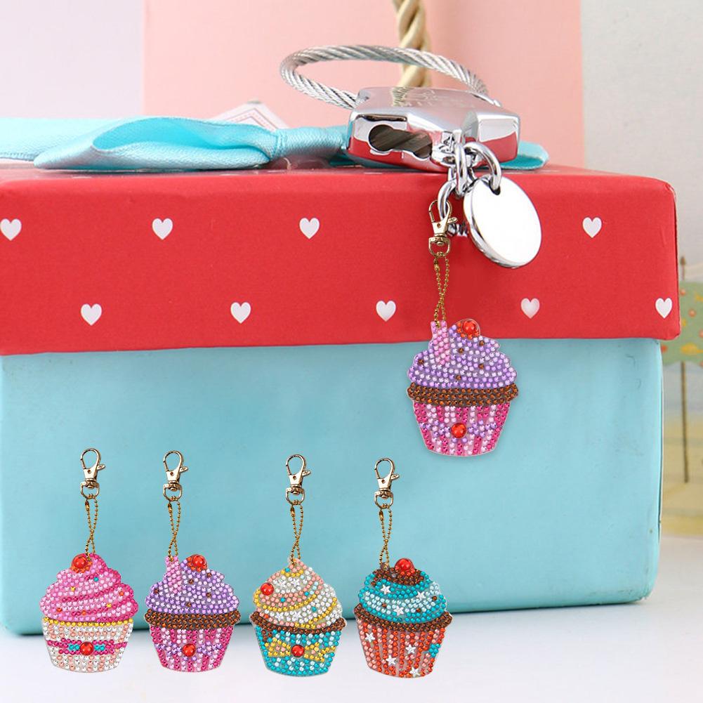 4pcs DIY Cupcake Full Drill Special Shaped Diamond Painting Keychains Gifts