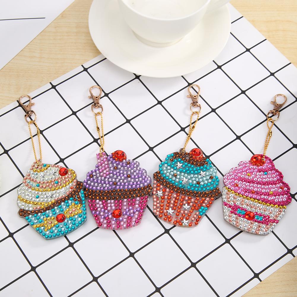 4pcs DIY Cupcake Full Drill Special Shaped Diamond Painting Keychains Gifts