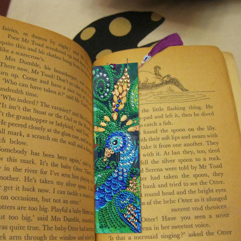 DIY Peafowl Special Shaped Diamond Painting Leather Tassel Bookmark Crafts