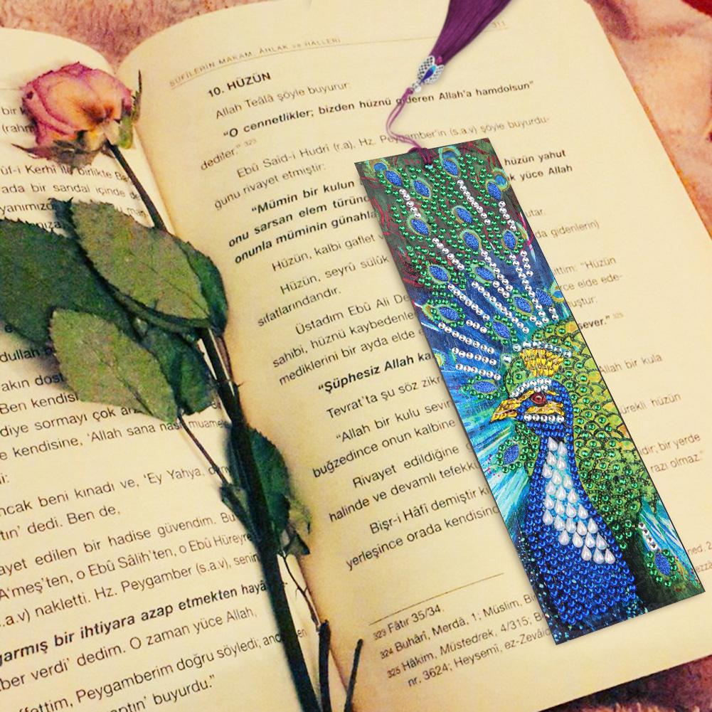 DIY Peafowl Special Shaped Diamond Painting Leather Tassel Bookmark Gift