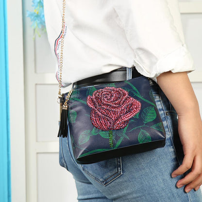 DIY Rose Special Shaped Diamond Painting Women Leather Chain Crossbody Bags