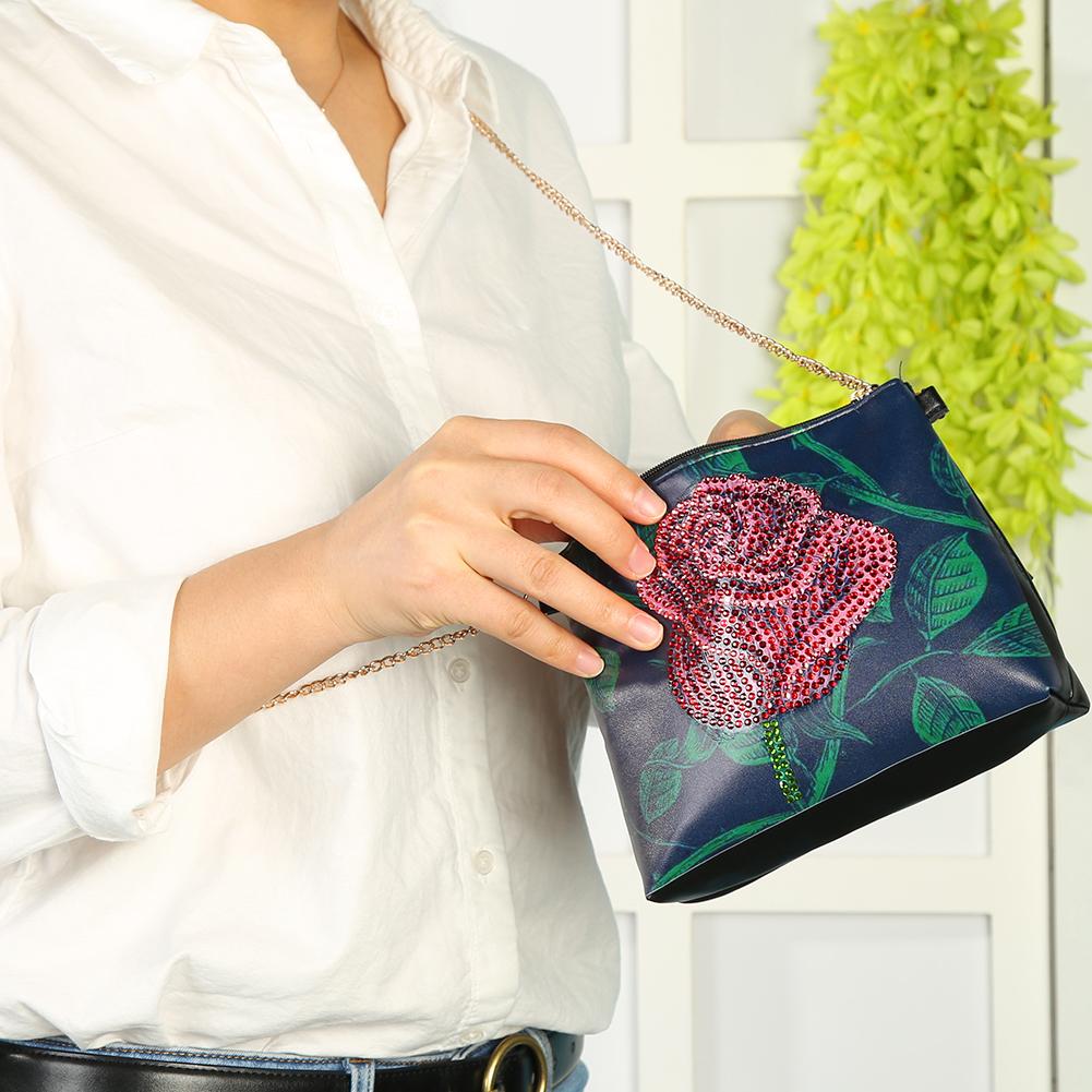 DIY Rose Special Shaped Diamond Painting Women Leather Chain Crossbody Bags