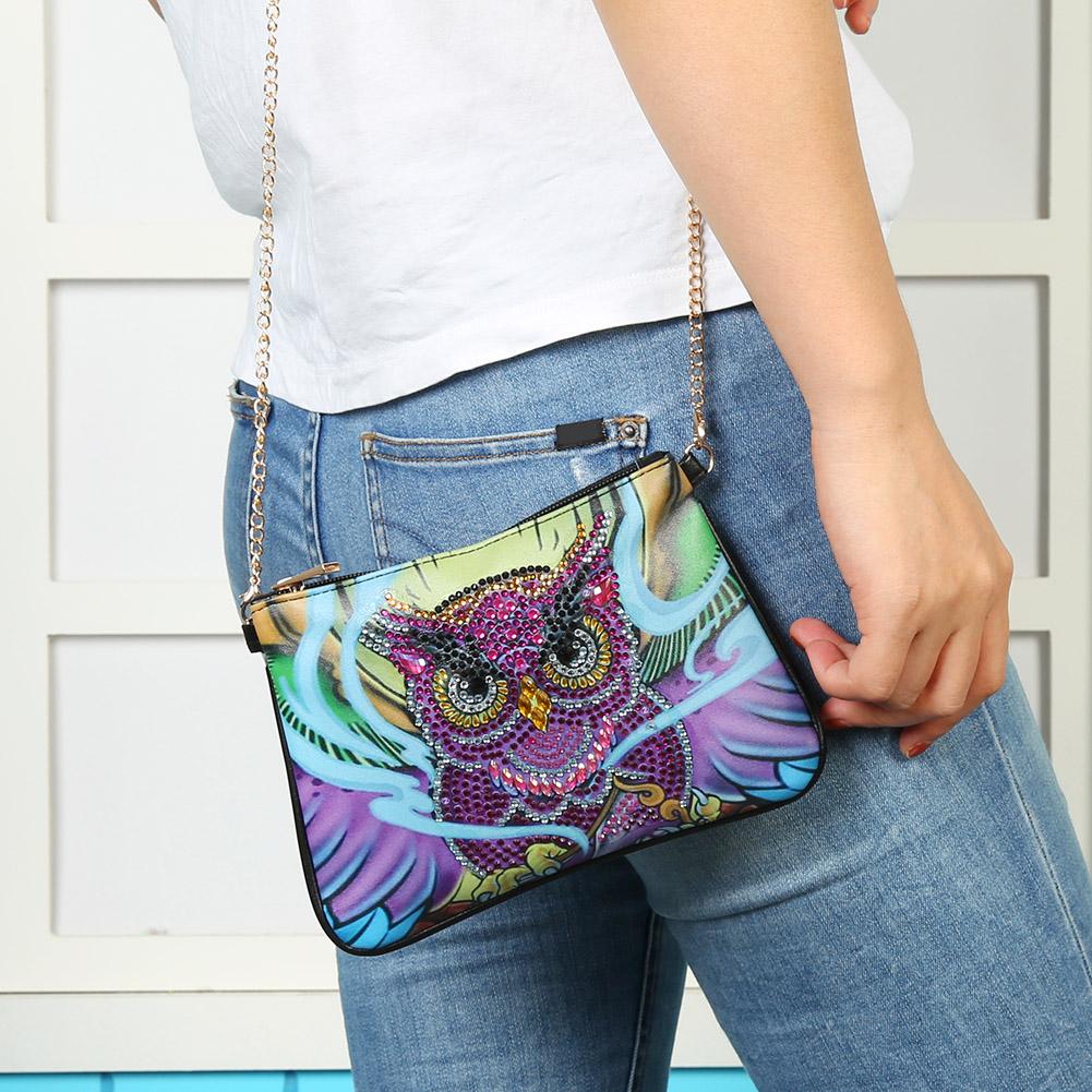 DIY Owl Special Shaped Diamond Painting Leather Crossbody Bags Chain Clutch