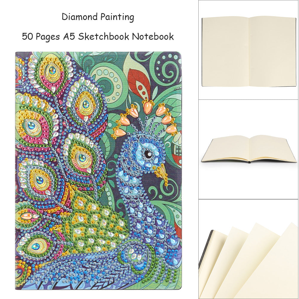 DIY Peafowl Special Shaped Diamond Painting 50 Pages A5 Students Sketchbook