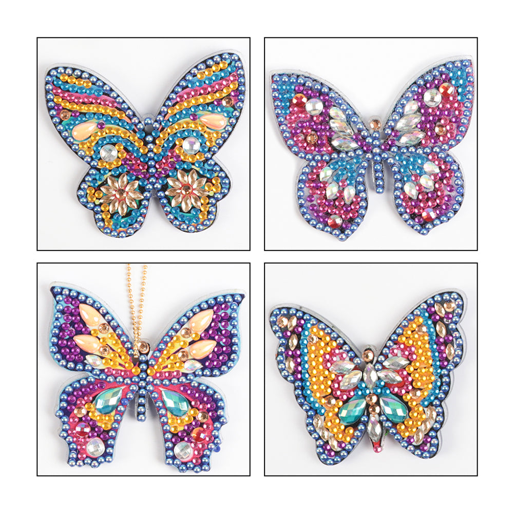 4pcs Butterfly 5D Full Drill Special Diamond Painting Key Chain Key Ring