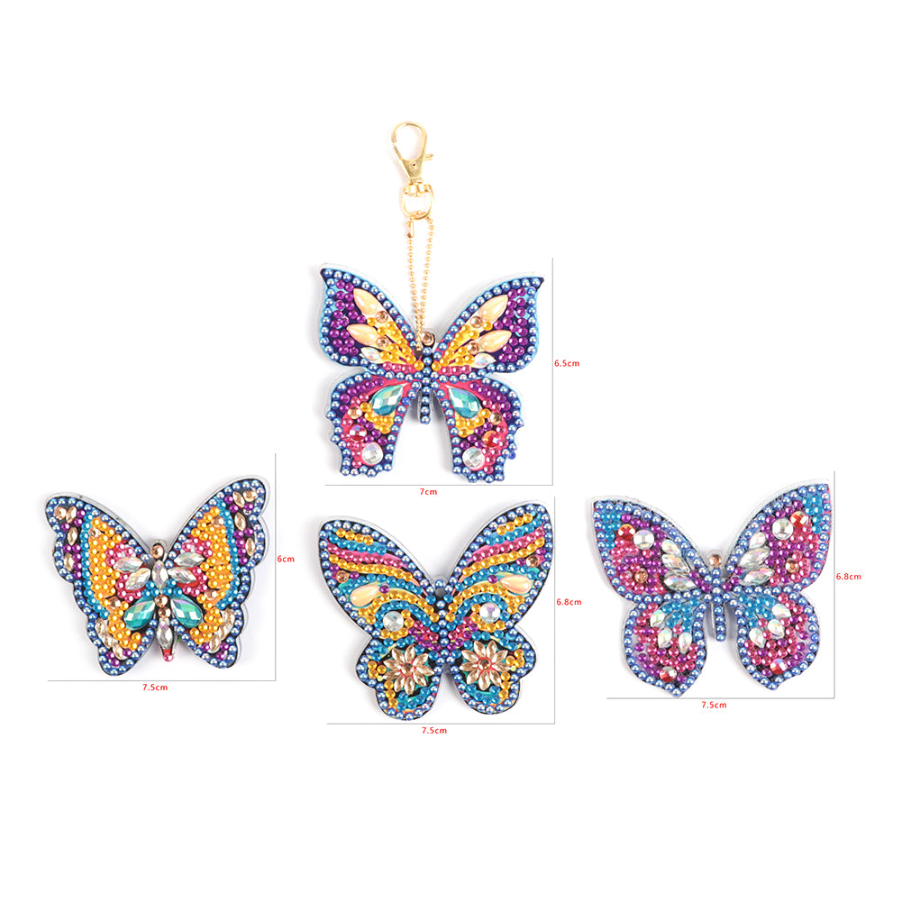 4pcs Butterfly 5D Full Drill Special Diamond Painting Key Chain Key Ring