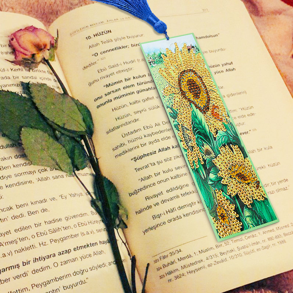 Diamond Painting Sunflower Cross Stitch Bookmark Tassel Leather Page-Marker