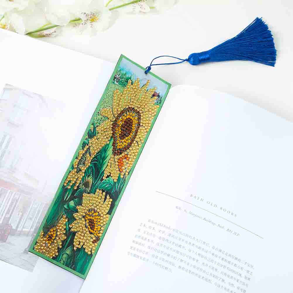 Diamond Painting Sunflower Cross Stitch Bookmark Tassel Leather Page-Marker