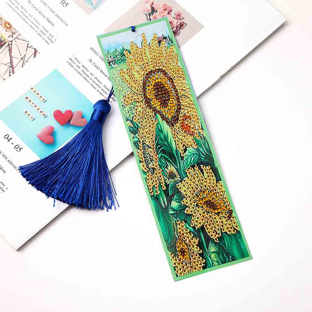 Diamond Painting Sunflower Cross Stitch Bookmark Tassel Leather Page-Marker