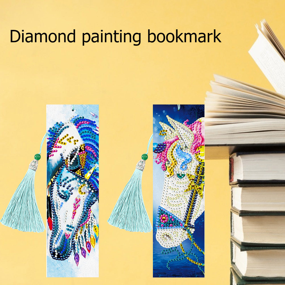 2pcs Leather Bookmark 5D DIY Diamond Painting Colorful Horse Cross Stitch