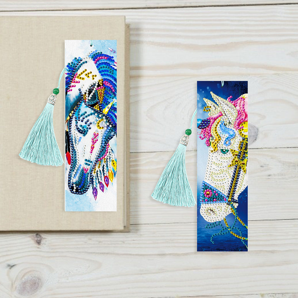 2pcs Leather Bookmark 5D DIY Diamond Painting Colorful Horse Cross Stitch