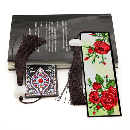 Tassel Red Flowers Leather DIY Special Shaped Diamond Painting Bookmark