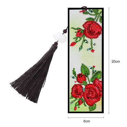 Tassel Red Flowers Leather DIY Special Shaped Diamond Painting Bookmark