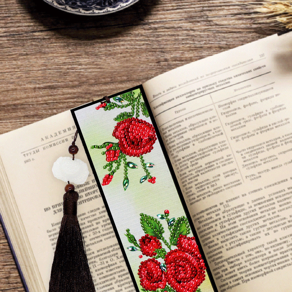 Tassel Red Flowers Leather DIY Special Shaped Diamond Painting Bookmark