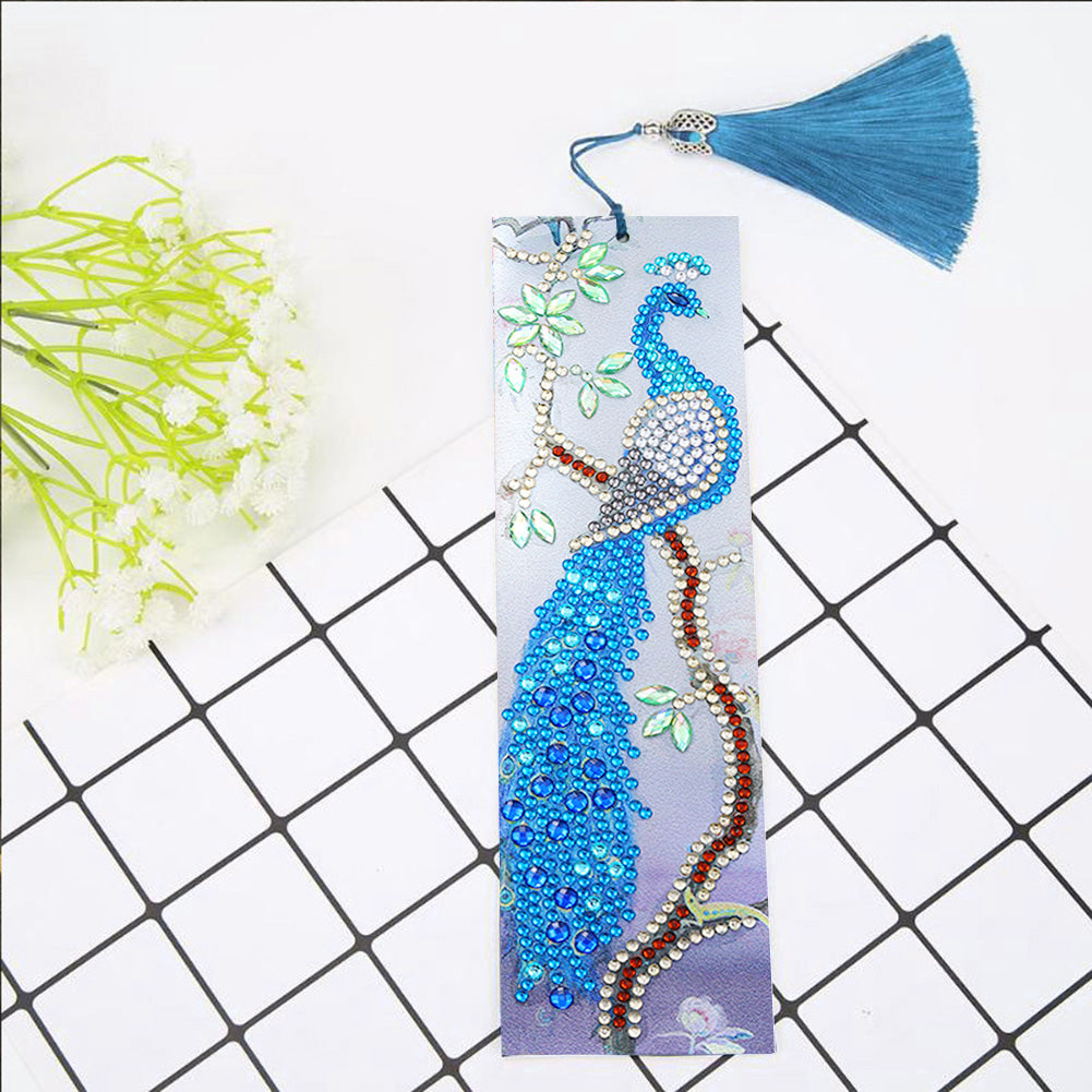 Leather Diamond Painting Special Shaped Tassel Blue Peafowl DIY Bookmark