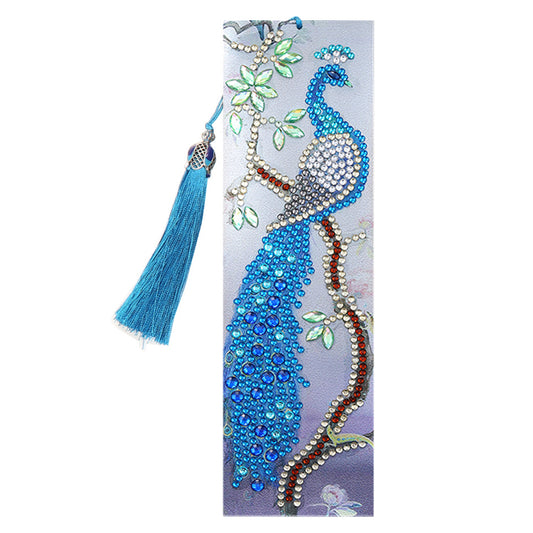Leather Diamond Painting Special Shaped Tassel Blue Peafowl DIY Bookmark