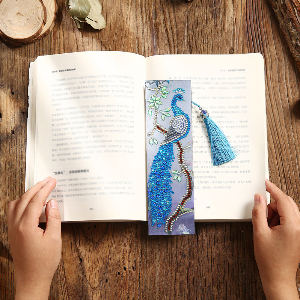 Leather Diamond Painting Special Shaped Tassel Blue Peafowl DIY Bookmark