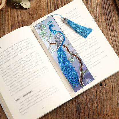 Leather Diamond Painting Special Shaped Tassel Blue Peafowl DIY Bookmark