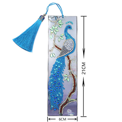 Leather Diamond Painting Special Shaped Tassel Blue Peafowl DIY Bookmark