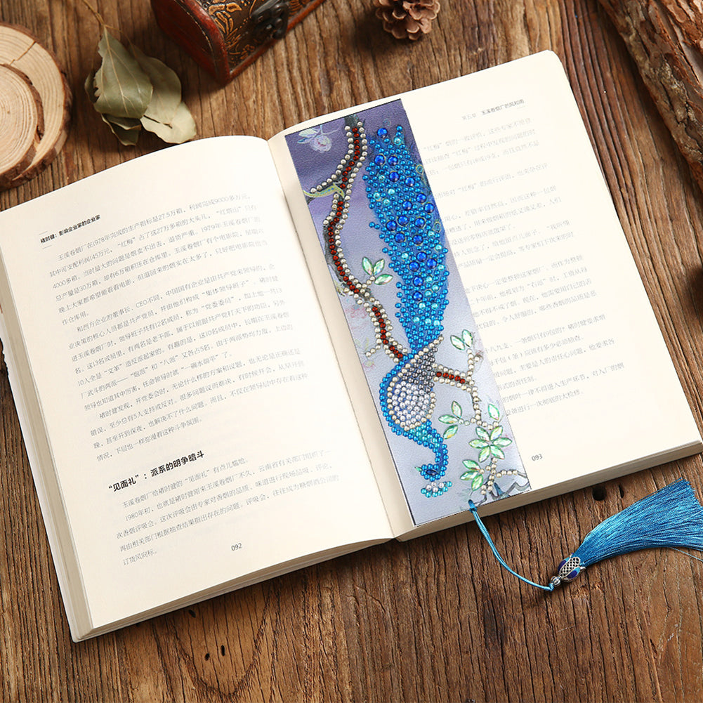 Leather Diamond Painting Special Shaped Tassel Blue Peafowl DIY Bookmark