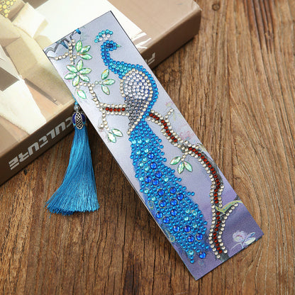 Leather Diamond Painting Special Shaped Tassel Blue Peafowl DIY Bookmark