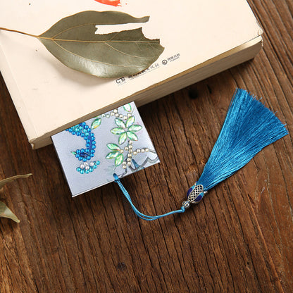 Leather Diamond Painting Special Shaped Tassel Blue Peafowl DIY Bookmark