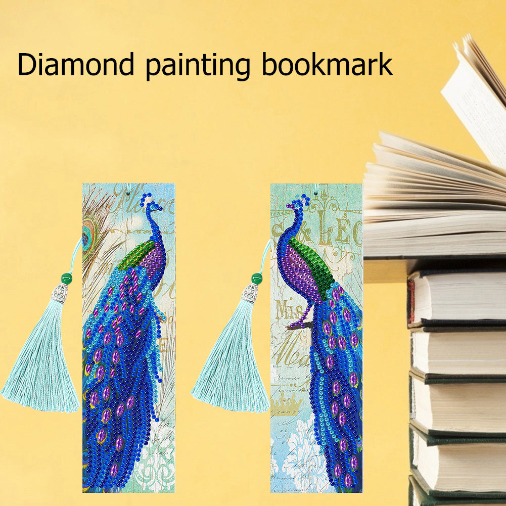 2pcs Peacock DIY Special Shaped Diamond Painting Leather Tassel Bookmark