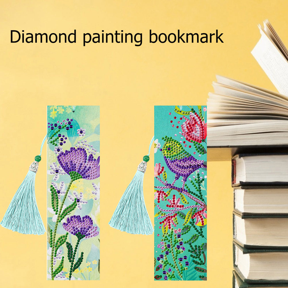 2pcs Diamond Painting Bookmark DIY Flowers Leather Tassel Book Marks Craft