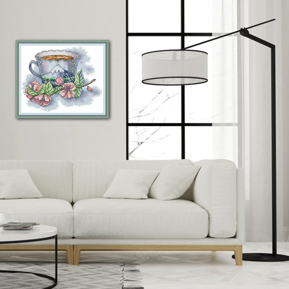 Japanese Teacup - 14CT Stamped Cross Stitch 28*21CM