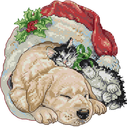 Xmas Dog Cat - 14CT Stamped Cross Stitch 25*25CM