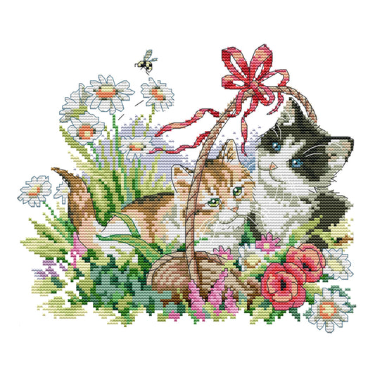 Spring Kitties - 14CT Stamped Cross Stitch 30*26CM