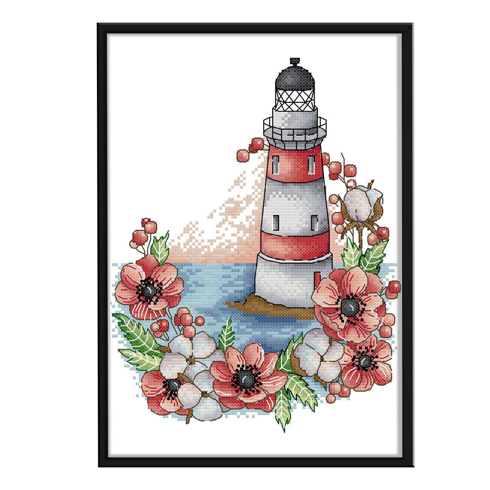 Flowers Lighthouse - 14CT Stamped Cross Stitch 22 *30CM