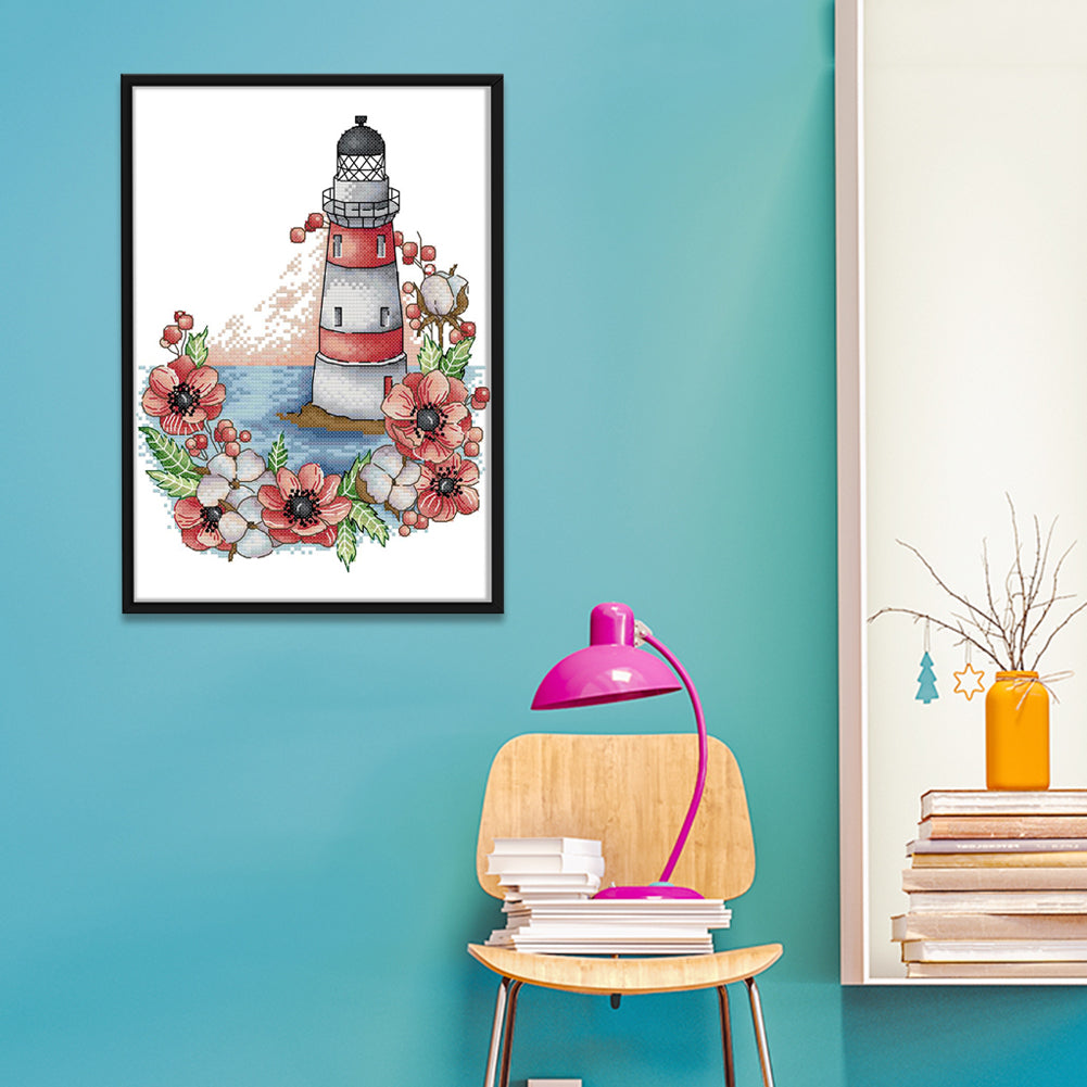 Flowers Lighthouse - 14CT Stamped Cross Stitch 22 *30CM