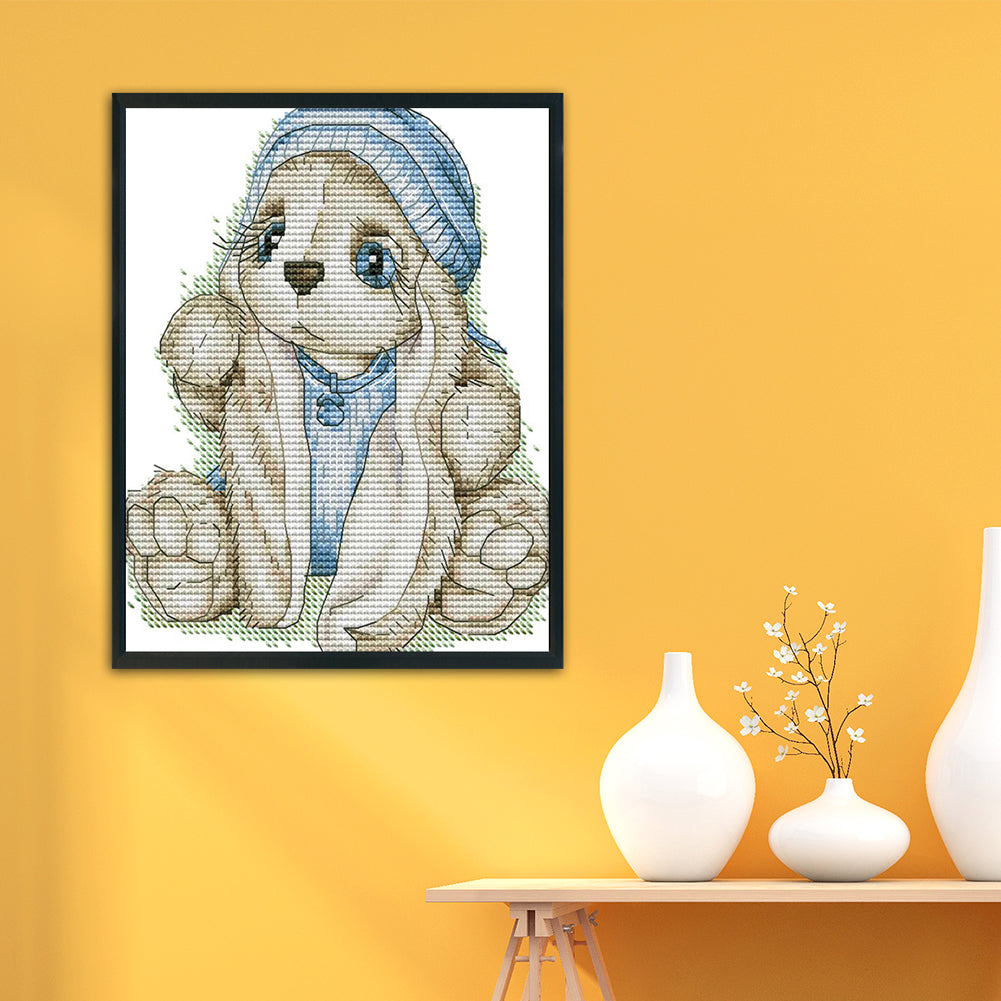 Blue Hat Rabbit - 14CT Stamped Cross Stitch 20*17CM