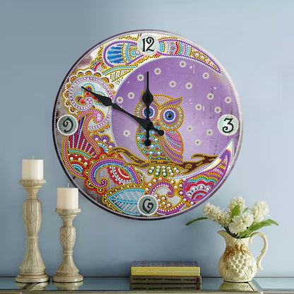 DIY Owl Special Shaped Rhinestones Round Metal Tin Diamond Painting Clock