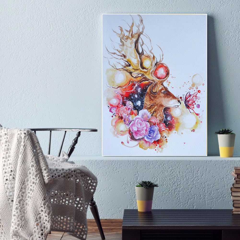 Flowers And Elk 30*40CM(Canvas) Full Round Drill Diamond Painting