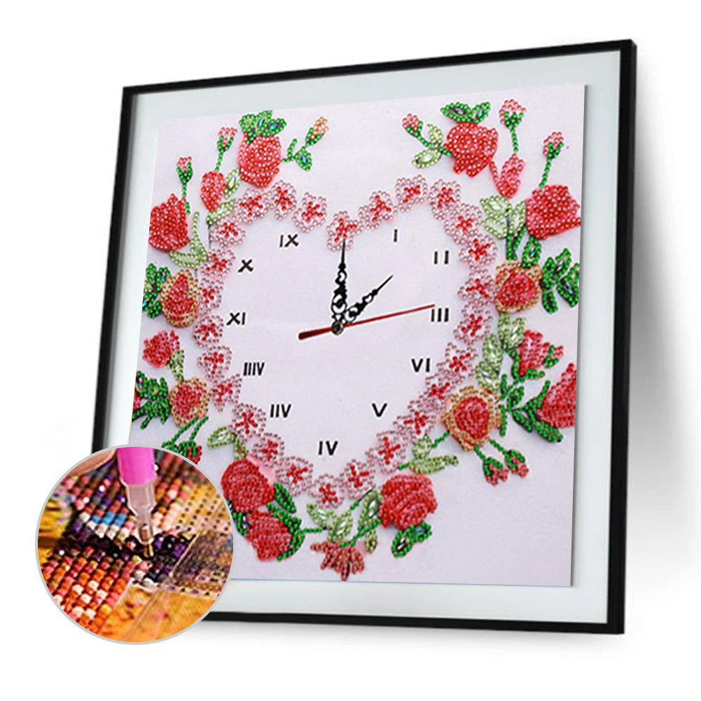 DIY Rhinestone Clock Part Special Shaped Diamond Painting Kit (Rose DZ565)