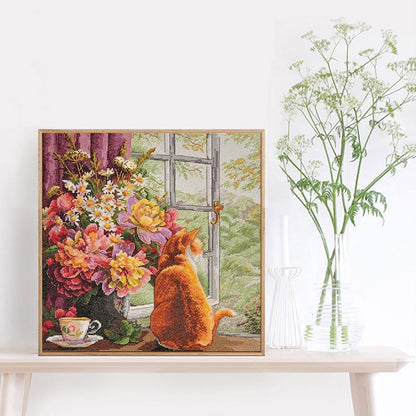 Flower Cat - 11CT Stamped Cross Stitch 60*60CM