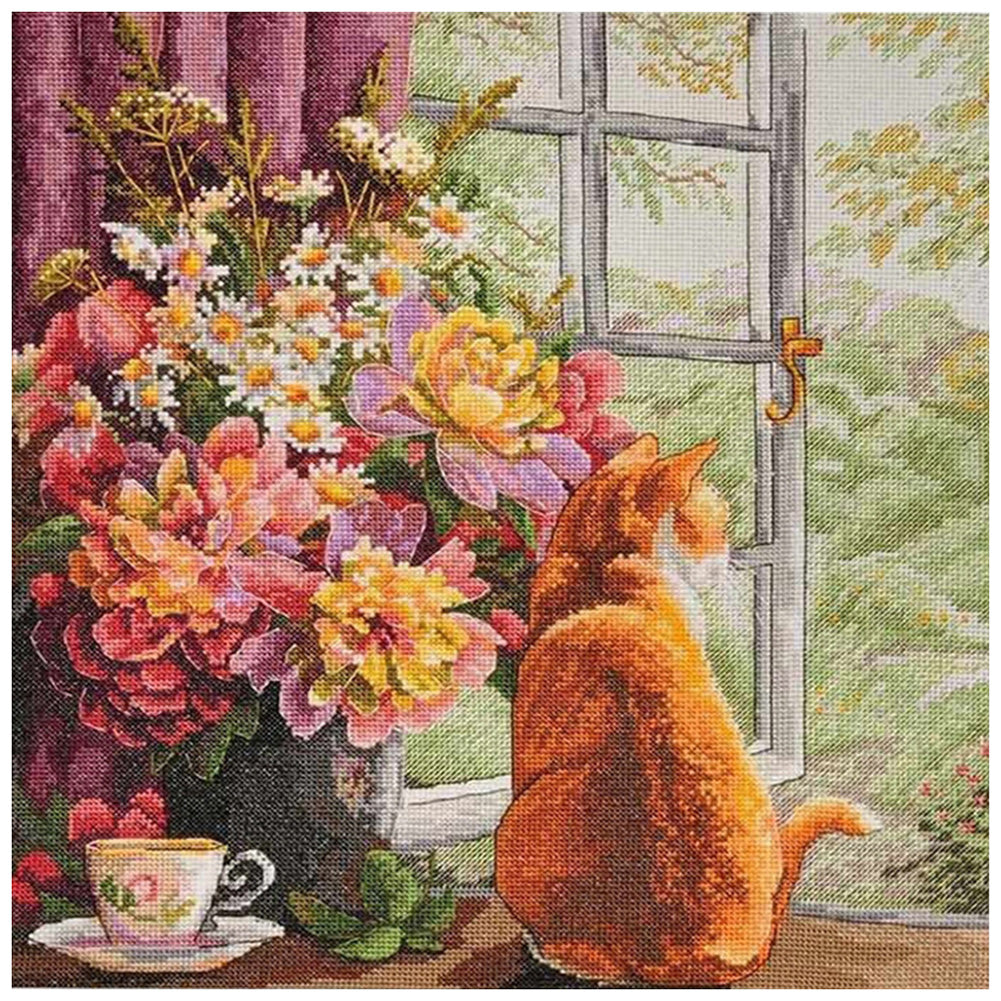 Flower Cat - 11CT Stamped Cross Stitch 60*60CM