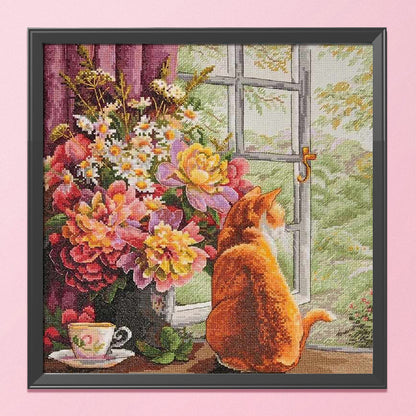 Flower Cat - 11CT Stamped Cross Stitch 60*60CM