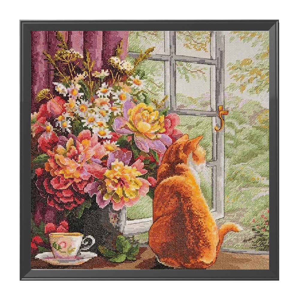 Flower Cat - 11CT Stamped Cross Stitch 60*60CM