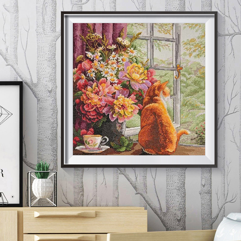 Flower Cat - 11CT Stamped Cross Stitch 60*60CM