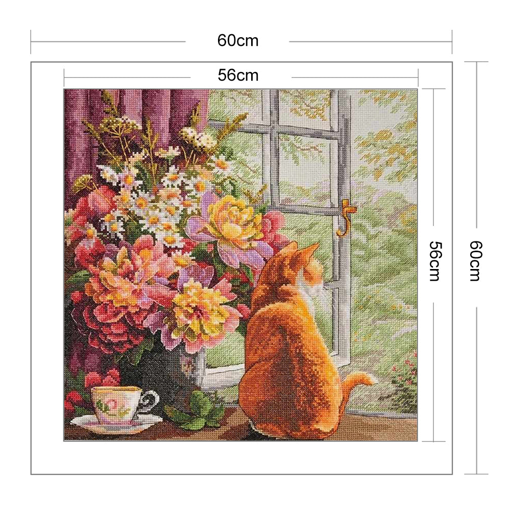 Flower Cat - 11CT Stamped Cross Stitch 60*60CM