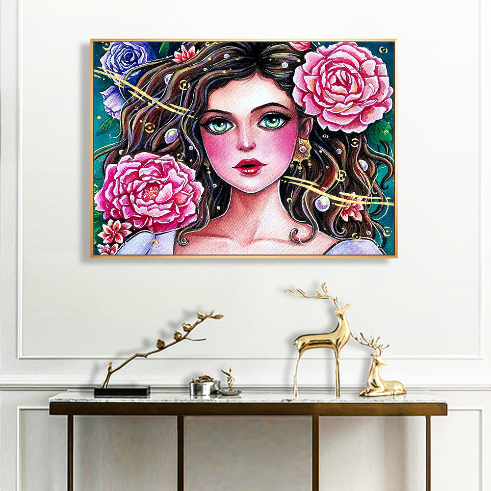 Girl Flower - Full Round Drill Diamond Painting 45*35CM