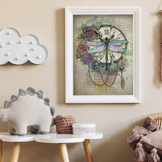 Dragonfly Clock - Full Round Drill Diamond Painting 30*40CM