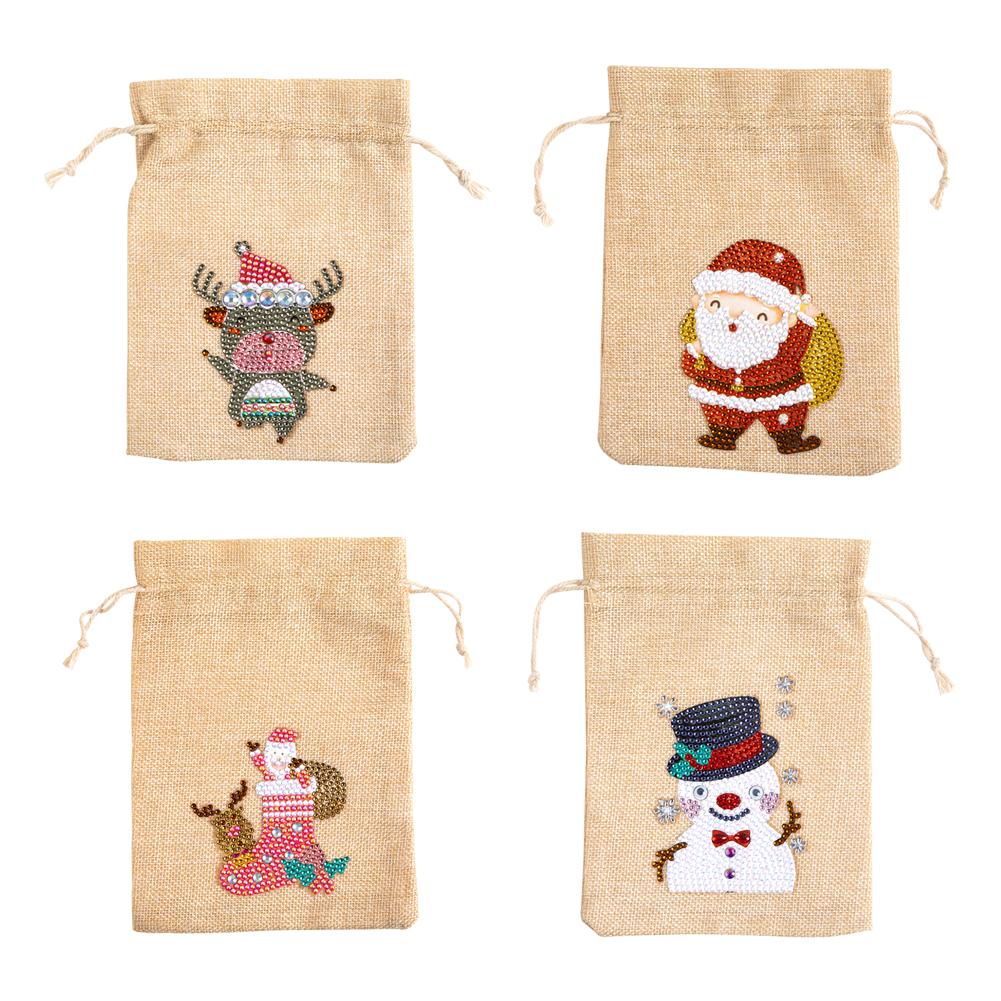 4pcs Diamond Painting Christmas Linen Gift Bag Cartoon Home Decor (FD001)