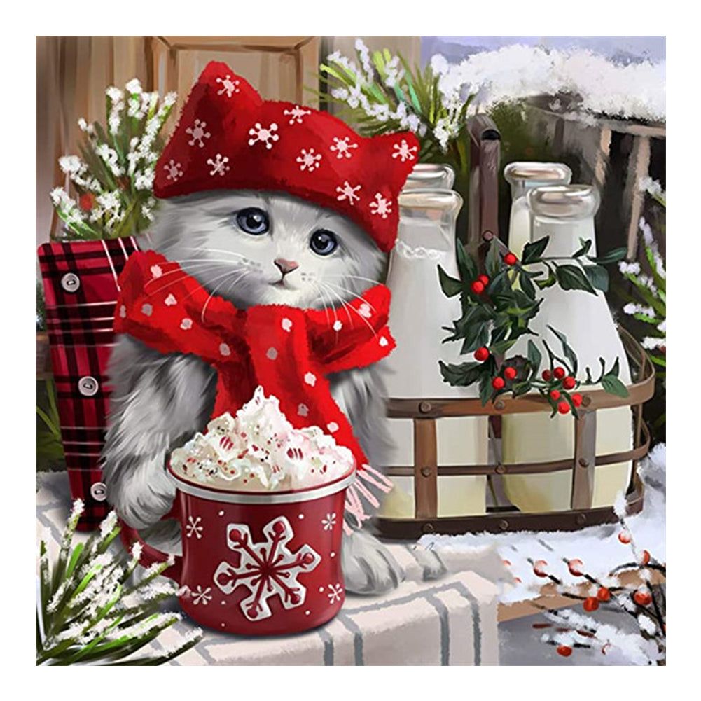 Christmas Cat - Full Round Drill Diamond Painting 30*30CM