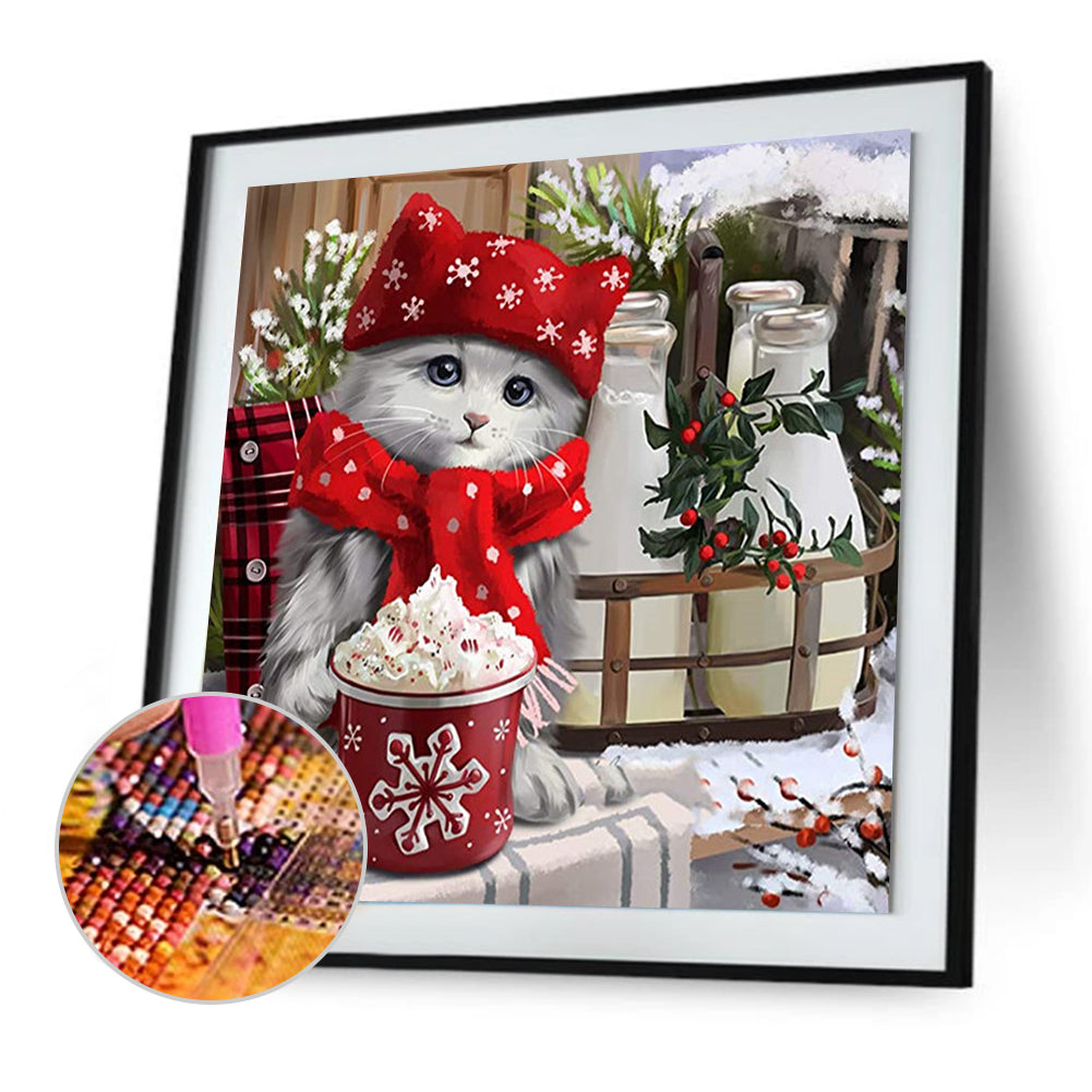 Christmas Cat - Full Round Drill Diamond Painting 30*30CM