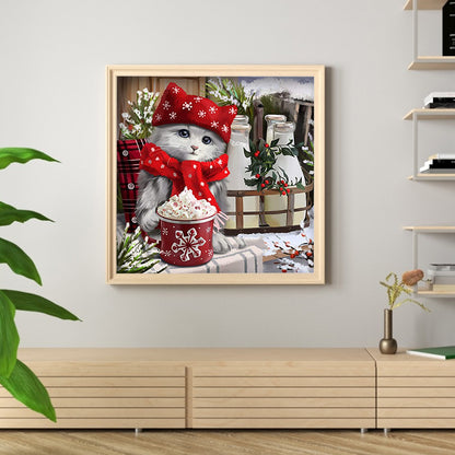 Christmas Cat - Full Round Drill Diamond Painting 30*30CM